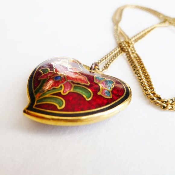RED HEART Pendant 12K GF 1/20 Gold Chain Necklace VINTAGE Flower Cloisonne - Picture 3 of 5